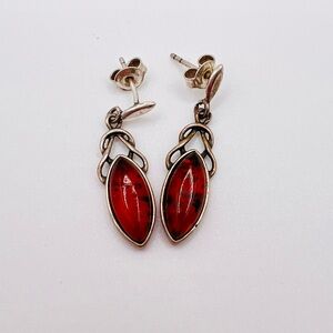 Vintage Poland Valerio V-8 Sterling Silver Baltic Amber Drop Earrings